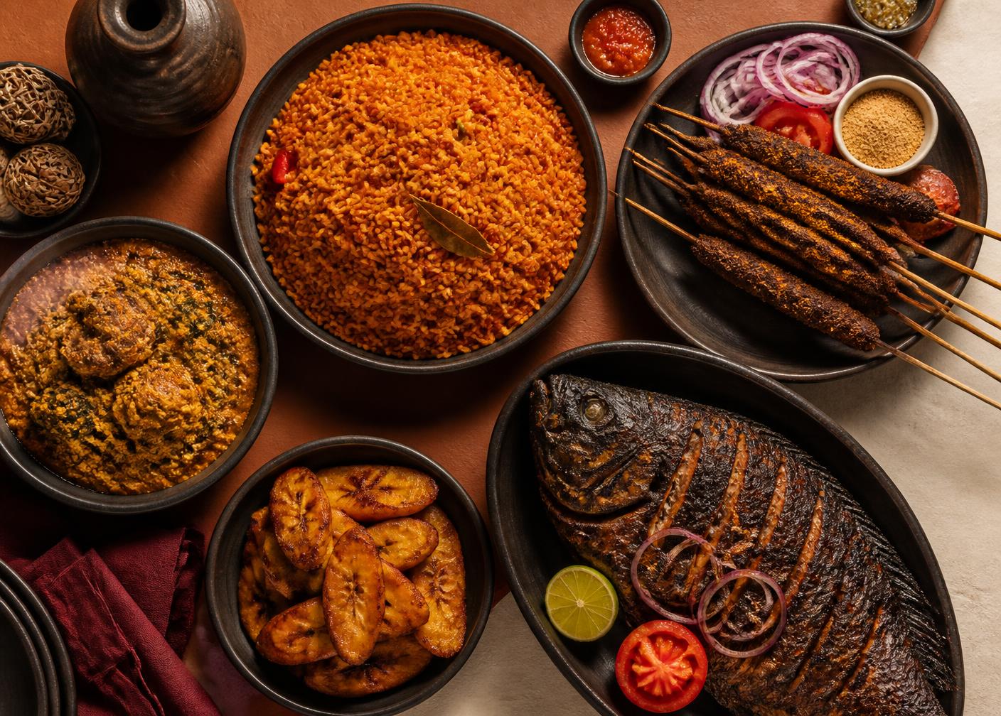 A spread of West African dishes: jollof rice, suya, grilled fish and plantain
